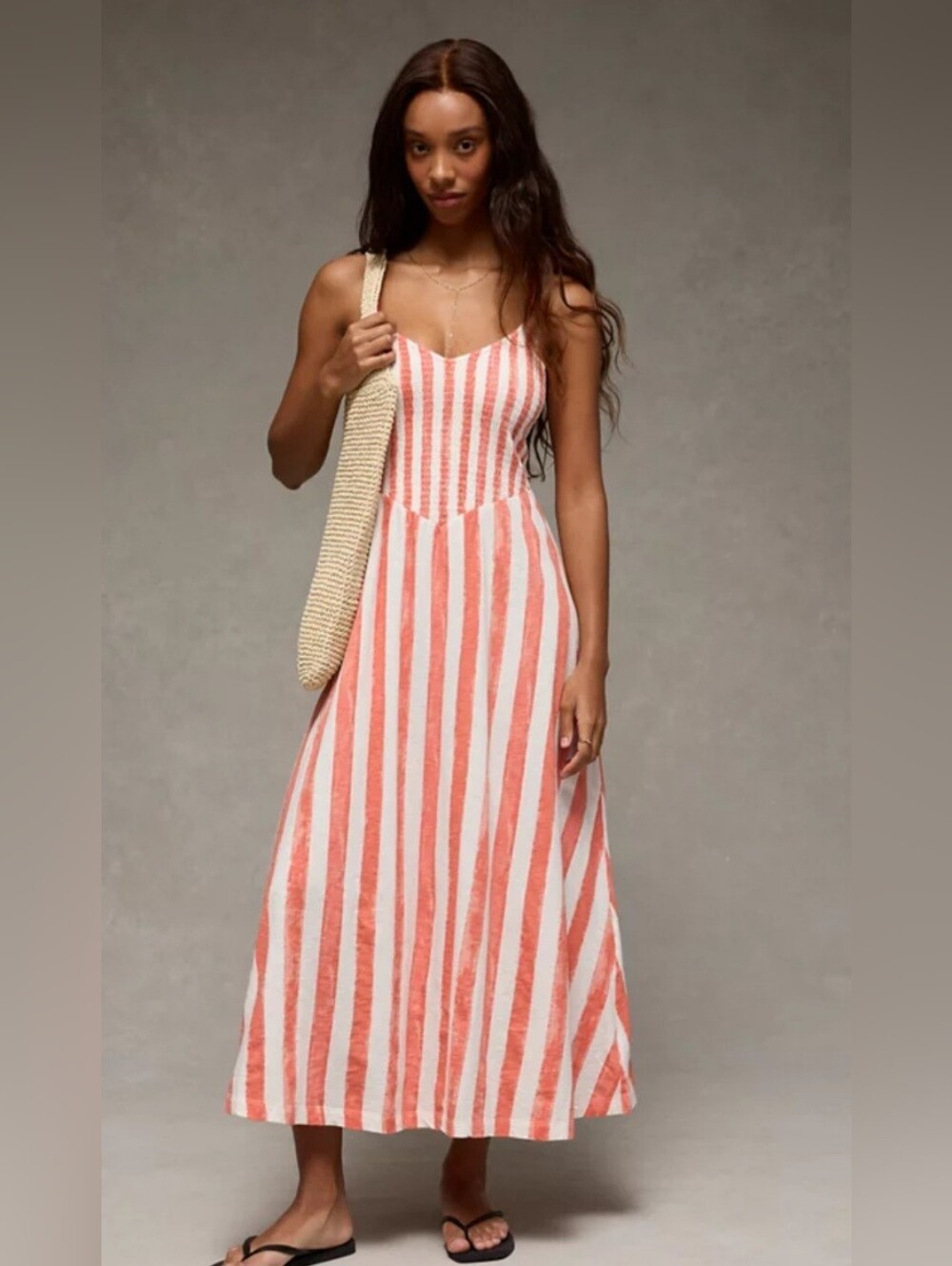100% Cotton American Eagle Striped Maxi Dress Coral Summer Beach Resort Vacation